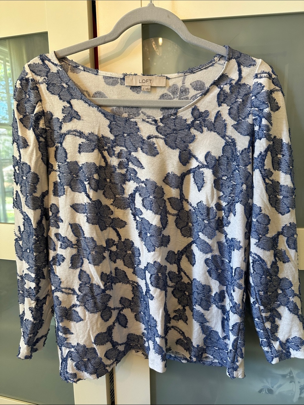 LOFT Cream and Blue Floral Long-Sleeve Textured Top